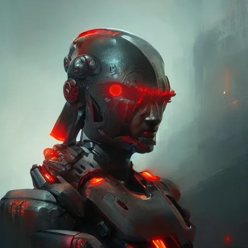 Image similar to cyborg warrior, red eyes, intricate, detailed, volumetric lighting, scenery, digital painting, highly detailed, artstation, sharp focus, illustration, concept art, ruan jia, greg rutkowski