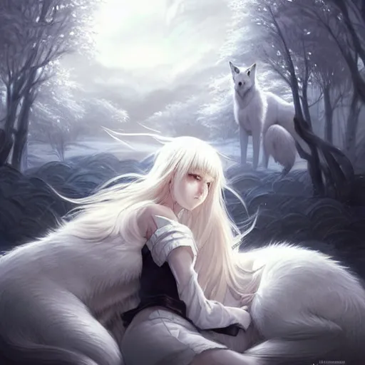 Prompt: girl facing a giant white wolf, manga cover, intricate, elegant, highly detailed, digital painting, artstation, concept art, smooth, sharp focus, illustration, sharp focus, illustration, highly detailed, concept art, matte, trending on artstation, anime, art by wlop and artgerm and greg rutkowski, h 6 4 0