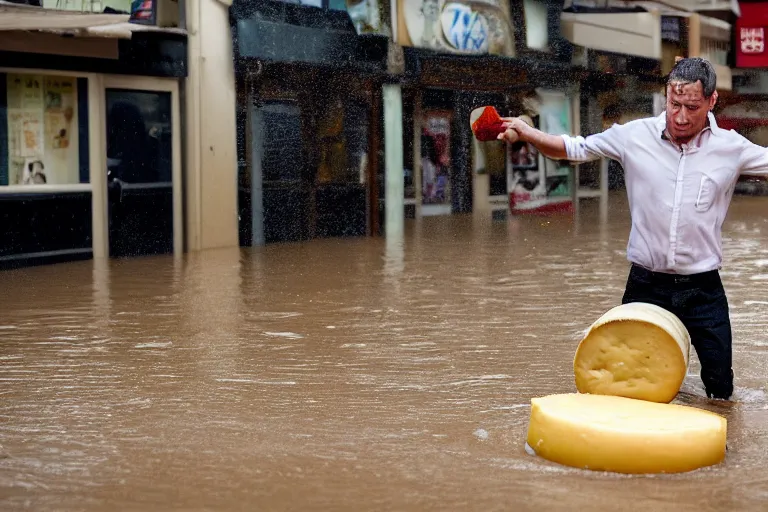 Image similar to closeup portrait of a man carrying a wheel of cheese over his head in a flood in North Terrace in Adelaide in South Australia, photograph, natural light, sharp, detailed face, magazine, press, photo, Steve McCurry, David Lazar, Canon, Nikon, focus