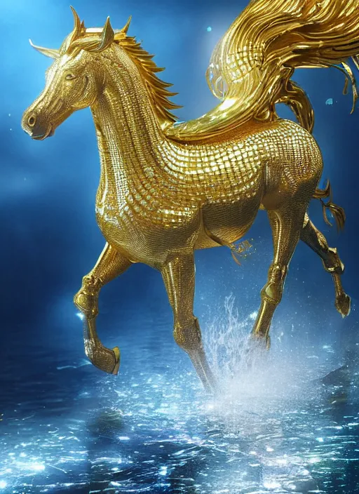 Image similar to kirin hybrid with white horse, golden metalic reflective skin, golden intricate diamonds reflective skin, under water, dynamic, light-gold shimmer, spotlight, ultrarealistic, Hyperdetailed, 3d octane render, science fiction, concept art