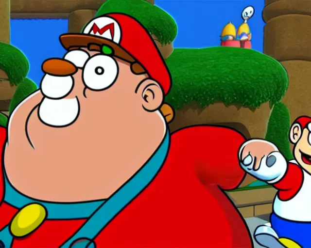 Image similar to peter griffin in super mario galaxy