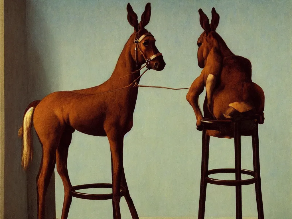 Prompt: a mule and a barstool by Raphael, Hopper, and Rene Magritte. detailed, romantic, enchanting, trending on artstation.