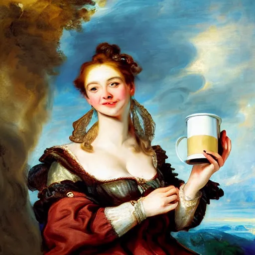 Image similar to heavenly summer sharp land sphere scallop well dressed lady holding a starbucks coffee cup, auslese, by peter paul rubens and eugene delacroix and karol bak, hyperrealism, digital illustration, fauvist,