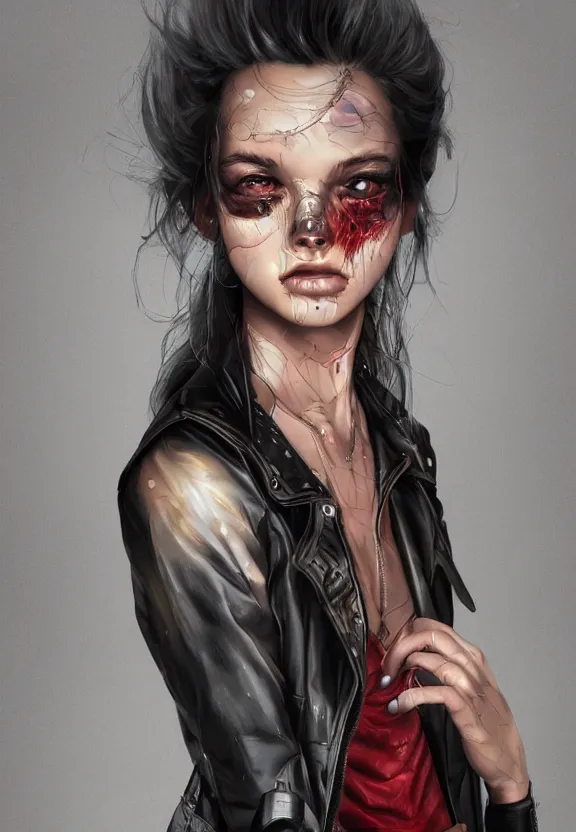Image similar to digital illustration of a girl with eyes that burn like cigarettes wearing a short skirt and a long jacket with fingernails that shine like justice, dramatic lighting, photorealistic, full body portrait, detailed anatomy, extreme detail, 4 k, colorful, artgerm and ben lo, detailed face, f / 2. 8