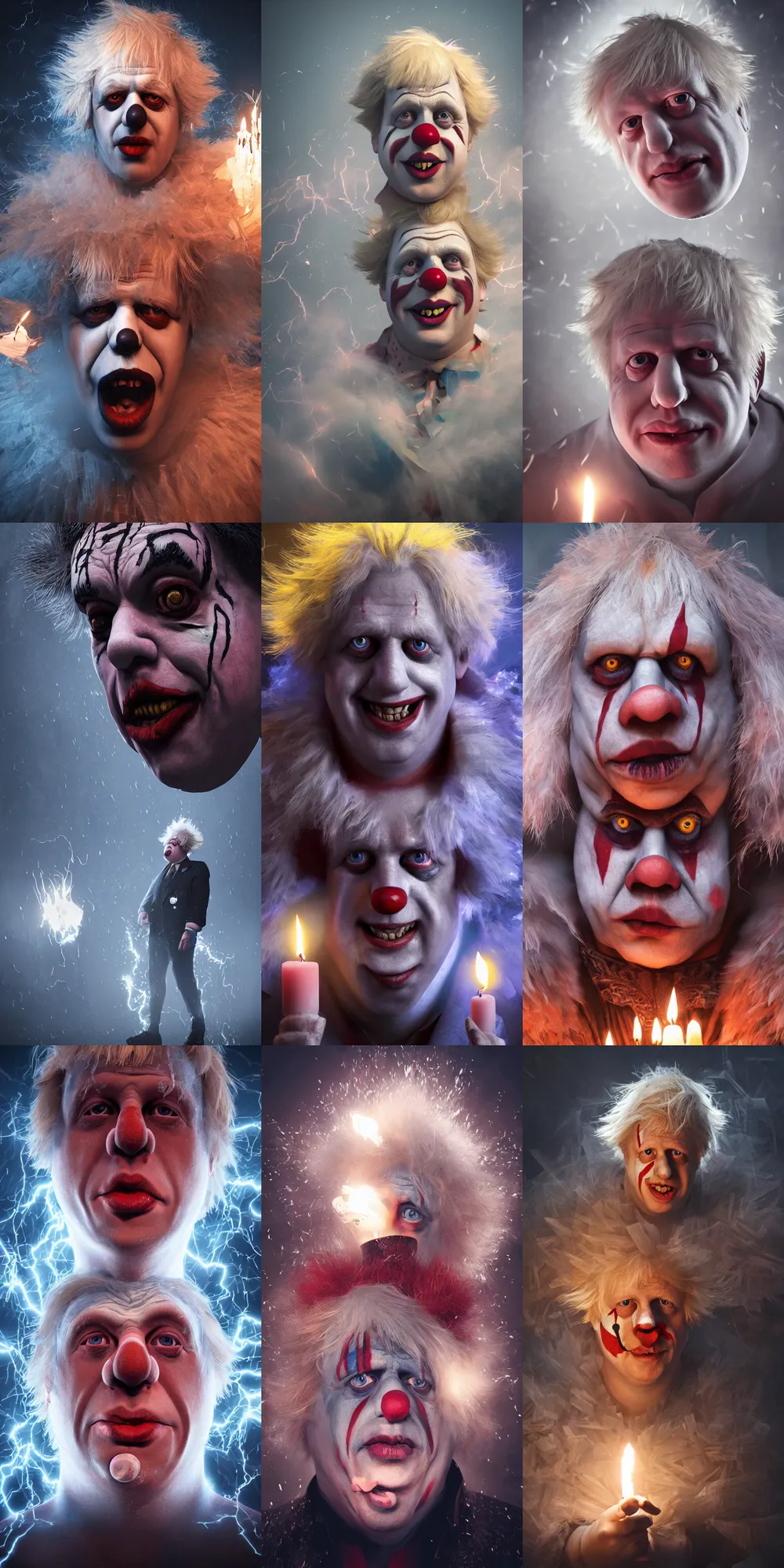 Prompt: boris johnson in clown makeup, lightning, intricate detail, volumetric lighting, epic composition, hyper detailed, ultra realistic, sharp focus, octane render, candle, volumetric, ray tracing, artstation trending, cgsociety, sense of awe, swirling mist, 4 k