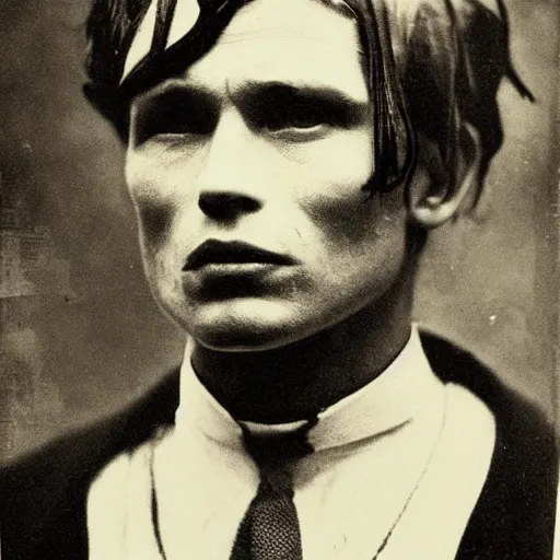 Prompt: headshot edwardian photograph of cillian murphy, jon bernthal, brad pitt, 1 9 2 0 s, gang member, intimidating, tough, realistic face, 1 9 1 0 s photography, 1 9 0 0 s, grainy, victorian