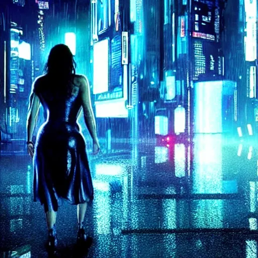 Image similar to jennifer connelly starring in a cyberpunk movie in a distopic futuristic city in the style of bladerunner, movie still, highly detailed, rainy night, volumetric lights, dramatic, scifi, sharp focus, medium shot