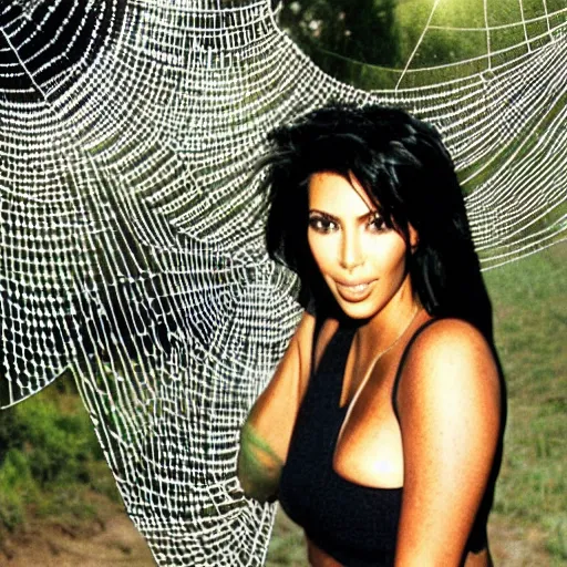 Prompt: a 1990s photo taken of kim kardashian caught in a spiderweb.