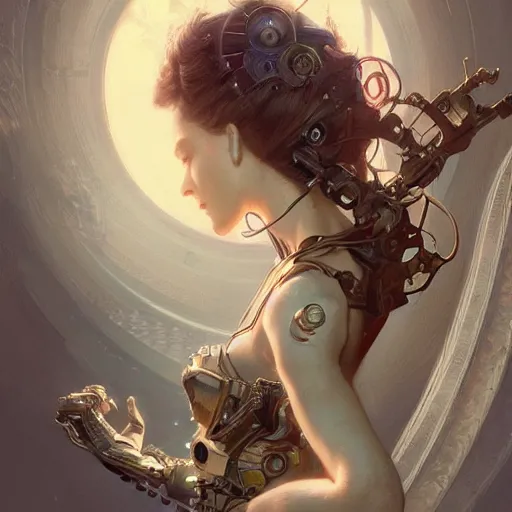 Image similar to beautiful cyborg girl, fantasy, intricate, elegant, highly detailed, digital painting, artstation, concept art, wallpaper, smooth, sharp focus, illustration, art by artgerm and greg rutkowski and alphonse mucha