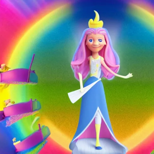 Prompt: a princess with extremely long blond hair from a cartoon riding a unicorn over a rainbow render as pixar movie