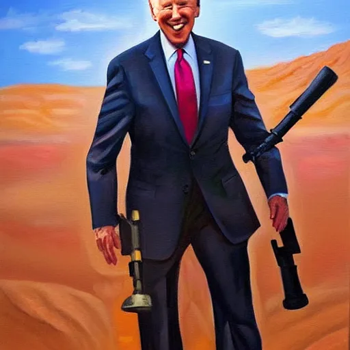 Prompt: oil painting Joe Biden with glowing eyes, looking stern, holding an RPG, in a desert landscape, epic, dark