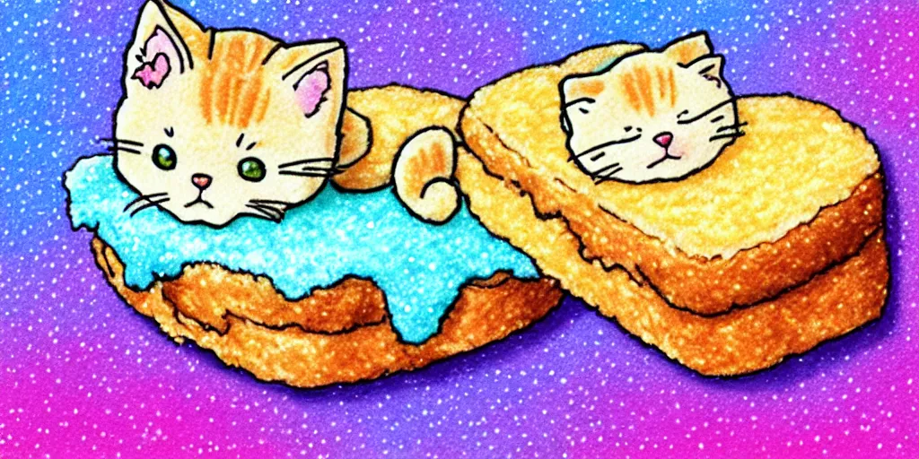 Image similar to a tiny kitten sleeping on a slice of bread, puffy sticker, glitter sticker, kawaii by studio ghibli, by lisa frank 8 k pastel colours, isometric, smeared watercolours,