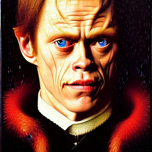 Image similar to portrait of the son of chris hemsworth willem dafoe steve buscemi, oil painting by jan van eyck, northern renaissance art, oil on canvas, wet - on - wet technique, realistic, expressive emotions, intricate textures, illusionistic detail