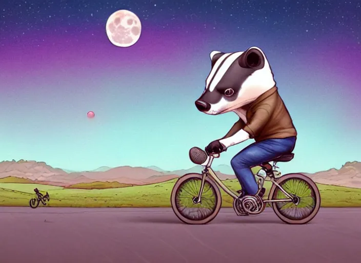 Prompt: a cell shaded cartoon badger riding a bicycle, with a big head, on a desert road, wide shot, in front of a big moon, muted colors, post grunge, josan gonzales, wlop, by james jean, victor ngai, hq, deviantart, art by artgerm