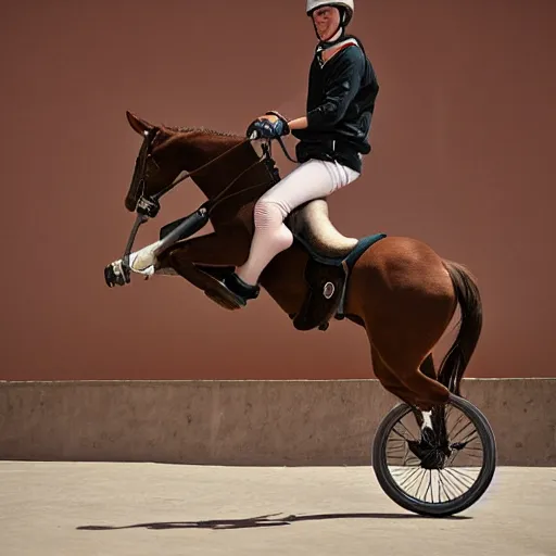 Prompt: horse riding a bmx, photograph