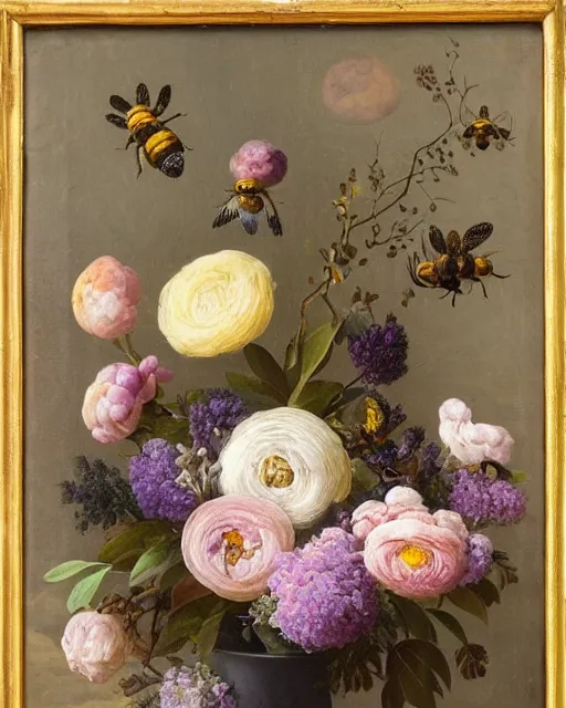 Image similar to still - life of bouquet of lilac and ranunculus with honeycomb bees and birds feathers, rachel ruysch, dark, moody