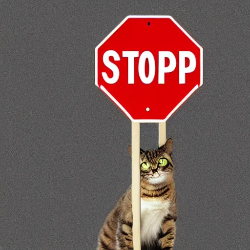 Prompt: an angry cat pointing at you while holding a stop sign at the same time