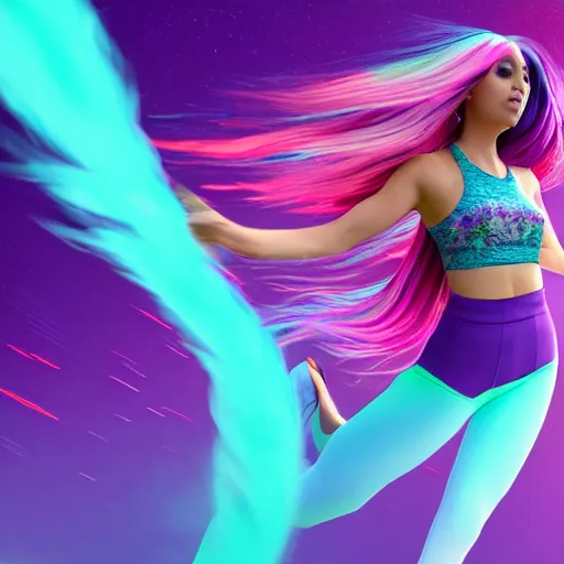 Image similar to a award winning full body shot of a beautiful woman in a croptop and leggings with a ombre purple pink teal hairstyle with head in motion and hair flying, outrun, vaporware, highly detailed, fine detail, intricate