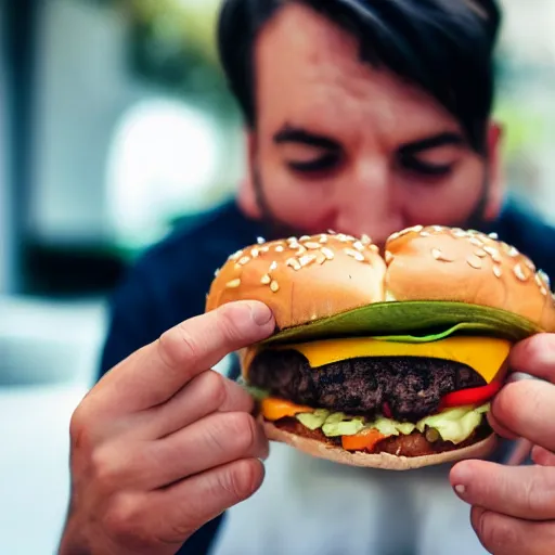 Prompt: photo of a man eating a burger