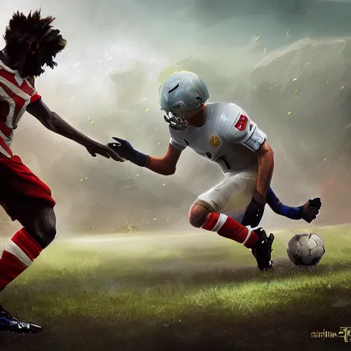 Image similar to fantasy landscape showing two football teams fighting each other on a pitch, high quality trending on artstation