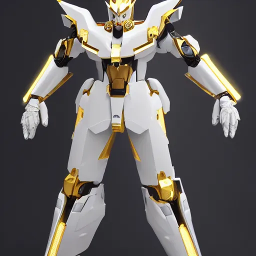 Image similar to intricate white marble and gold mecha gundam inspired full-body armour cinematic lighting mecha suit trending on artstation 8k hyperrealistic high details unreal engine 5