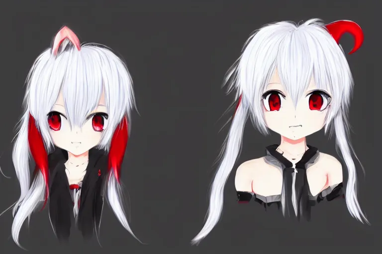 Prompt: white hair, red eyes, two little horn on the head, anime style, anime girl, sketch