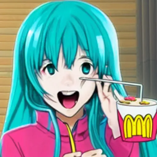 Prompt: Hatsune Miku eating McDonald's