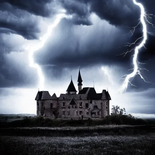 Prompt: dark stormy castle, thunder and lightning, atmospheric