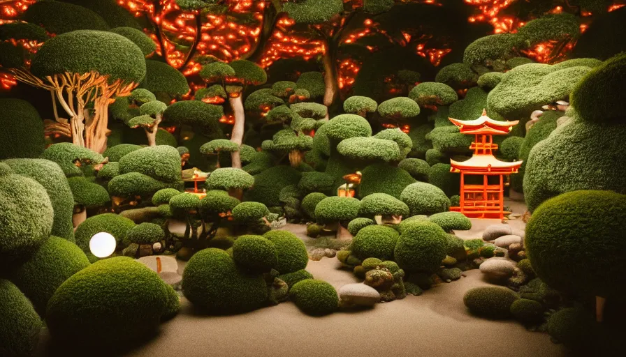 Image similar to Dreamy photo of a very cozy surreal magical Japanese temple, lush plants, in the style of Gucci, photographed by Petra Collins and Wes Anderson, glowing lights, magic details, very detailed, 8k, cinematic look,, very detailed