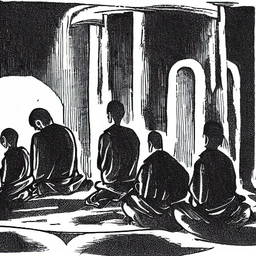 Image similar to 5 monks kneeling in a circle with wires coming out of the back of their heads connecting them to a computer in the center, dark shadowy surroundings, dystopian scifi, horror