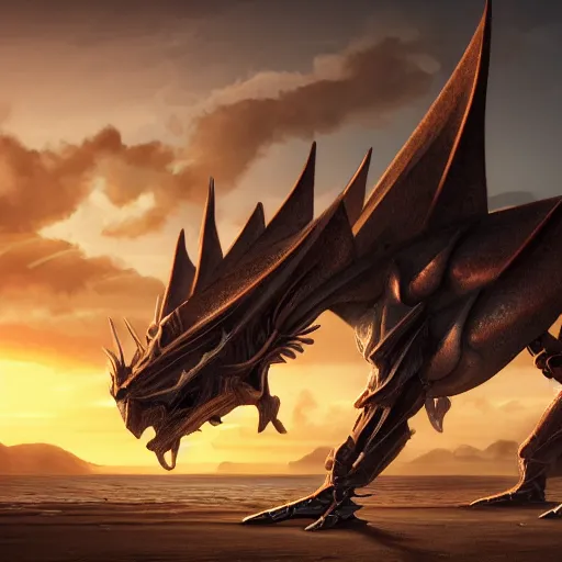Prompt: a highly detailed full shot of beautiful anthropomorphic robot female dragon with smooth and streamlined armor, standing and posing elegantly, well detailed head, with sharp claws on her hands and feet, two arms, two legs, long tail, on the beach, artstation, DeviantArt, professional, octane render, sunset lighting