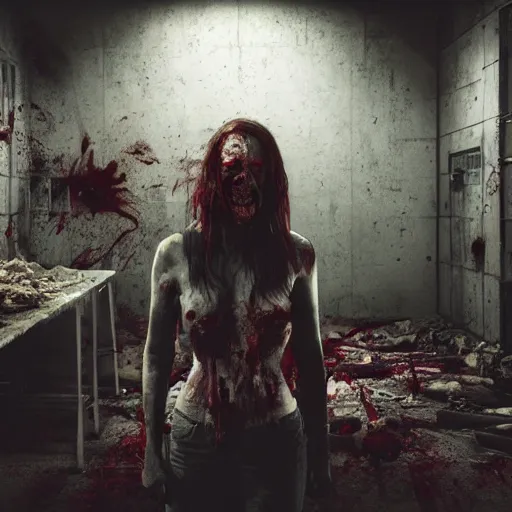 Image similar to butcher angry bloody horror zombie, detailled portrait, indoors dilapidated butchery interior, atmospheric lighting, volumetric lighting, grimdark, daytime, sharp focus, deep colours, ultra intricate detailed, octane render, unreal engine, by leesha hannigan, ross tran, thierry doizon, kai carpenter, ignacio fernandez rios