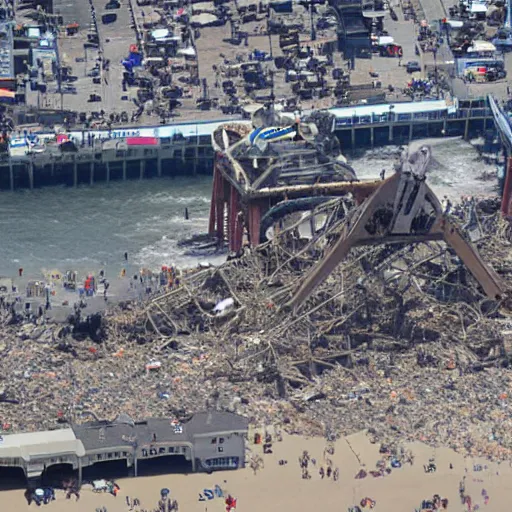 Image similar to santa monica pier completely destroyed, helicopter coverage, photo from above, news coverage, sadness, cnn news