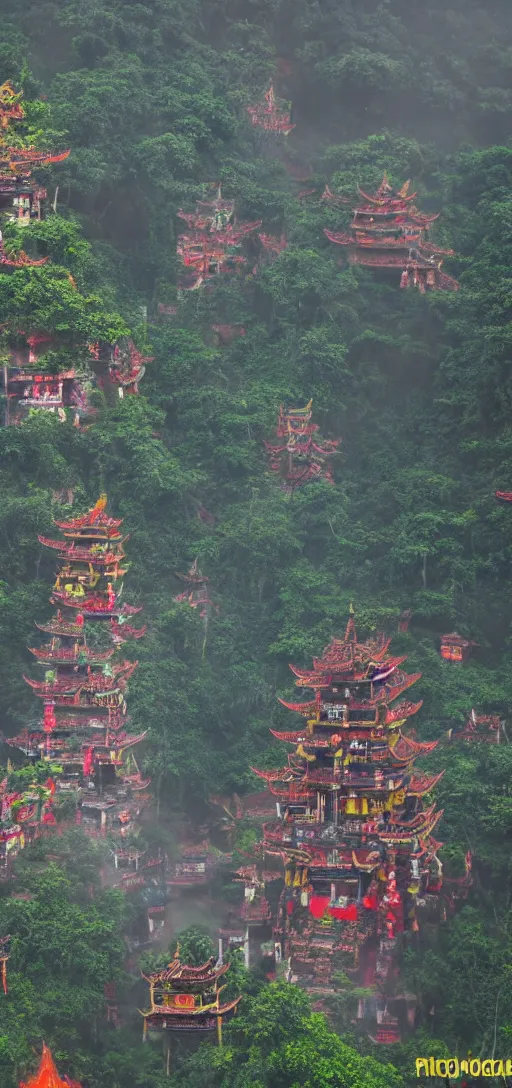 Prompt: an 8 0 mm color macro hi def picture of the angel of death hovering above kunlao village. everything is of the second level on the isle of kun lao. picoso hot dog temples statues volumetric lighting with picoso hotdogs. atmospheric. scary fog national geographic.