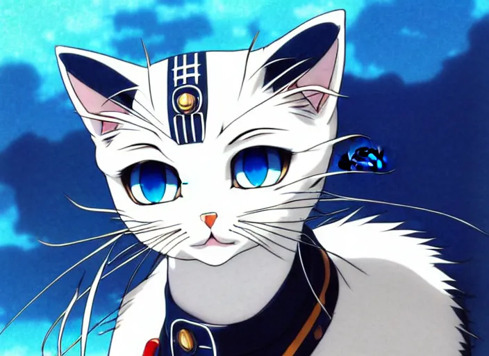 Image similar to anime visual of a cute cat, with blue eyes!!!!, high quality detailed anime, cel shaded, digital art by last exile murata range blue submarine no 6, hd, ambient light