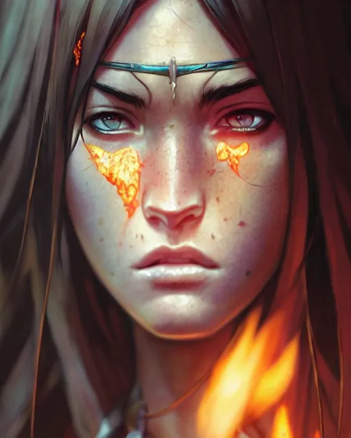 Image similar to azctec warrior, megan fox, detailed perfect face, exquisite details, fire magic, by studio muti, greg rutkowski makoto shinkai takashi takeuchi studio ghibli