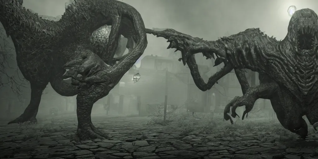 Prompt: a new 2 0 2 1 modern realistic graphic first person game screenshot of a hp lovecraft monster boss fight game, realistic, ultra setting, highly detailed, fps game, game of the year, raytracing on, rtx 3 0 9 0 ti