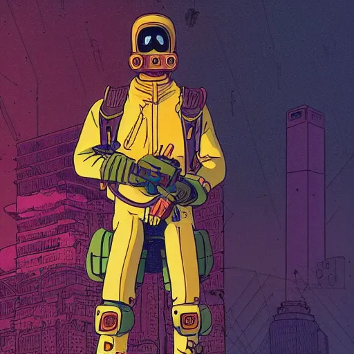 Image similar to in the style of max prentis and deathburger and laurie greasley a young mixed race male explorer wearing a cyberpunk headpiece who is standing on a giant robot head, highly detailed, 8k wallpaper, adventure time colour palette