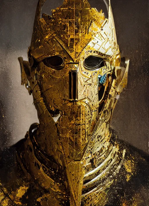 Prompt: portrait of king arthur knight cyborg, kintsugi, modern fine art, fractal, intricate, elegant, highly detailed, digital photography, subsurface scattering, by jheronimus bosch and basquiat and greg rutkowski,