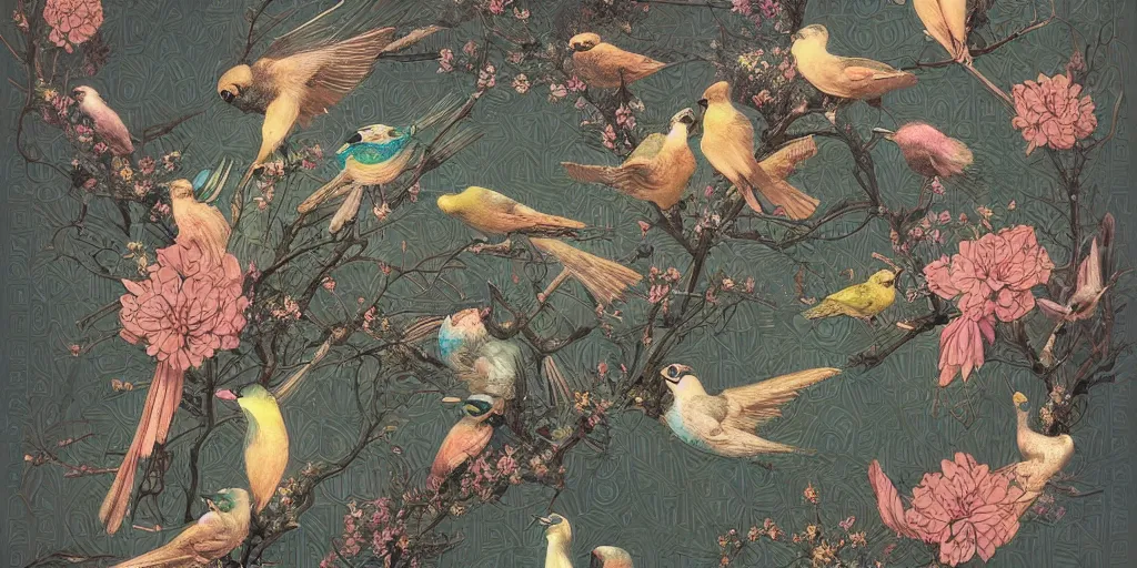 Image similar to breathtaking detailed concept art painting art deco pattern of birds goddesses amalmation flowers with blend of flowers and birds, by hsiao - ron cheng and john james audubon, bizarre compositions, exquisite detail, extremely moody lighting, 8 k