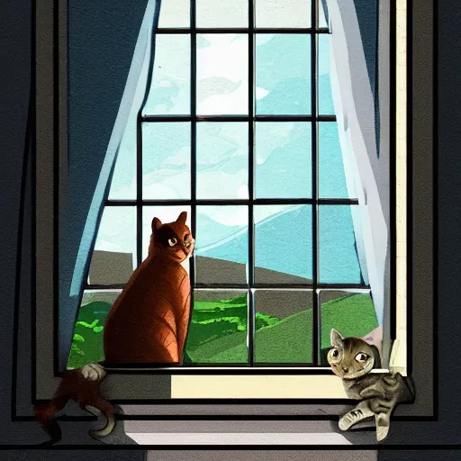 Image similar to a beautiful landscape through a window, cat sitting on the edge of thethe window, illustration, digital art, trending on artstation, no signature