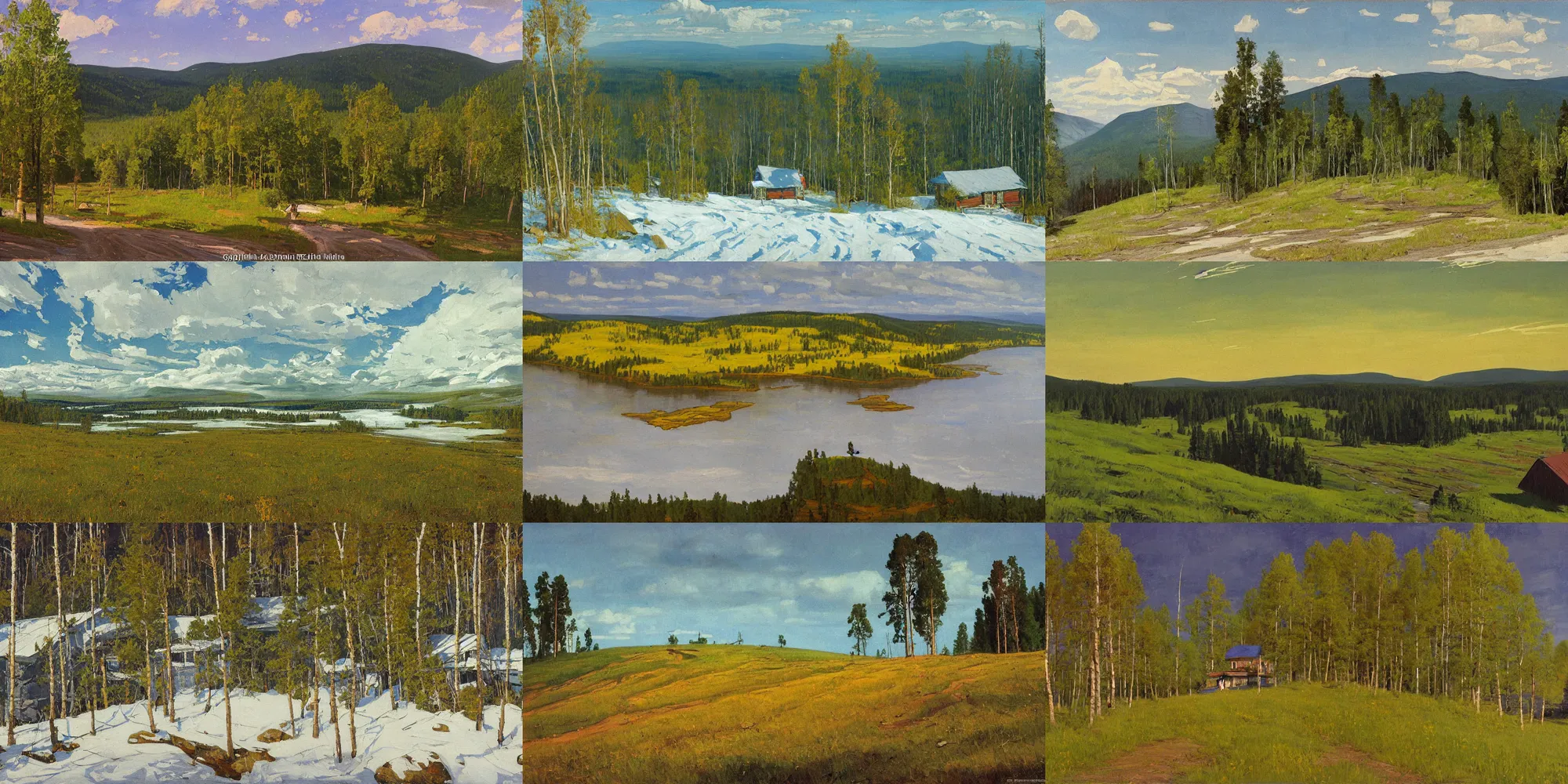 Prompt: painting in the style of Isaac Levitan, Savrasov, Arkhip kuindzhi and T Allen Lawson and Ian Fisher and Sidney Richard Percy, hunt, wide river and tiny house on the top of the hill, summer siberian forest taiga, Alpes, norway fjords, high mountains, green yellow fields and Forests and snowy tops of mountains, road to the small village, sunset sunrise, foggy day, low clouds after rain, wet grass and stones, dream heavenly cloudy sky, horzon, hurricane stromy clouds, volumetric lighting, very beautiful scenery, pastel colors, ultra view angle view