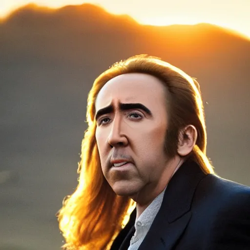 Prompt: Nicolas Cage with golden hair riding into the sunset, golden hour, heavenly lighting, dramatic