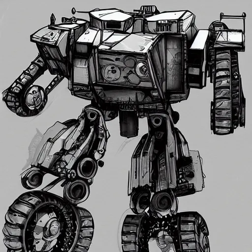 Image similar to Old tractor turned into a walker mech, black and white Battletech mech art, digital painting, white background