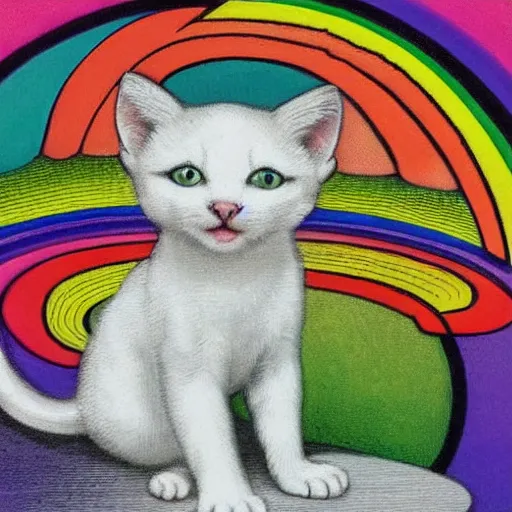 Prompt: a prism magically fractures a white kitten into every color of the rainbow, Louis William Wain,