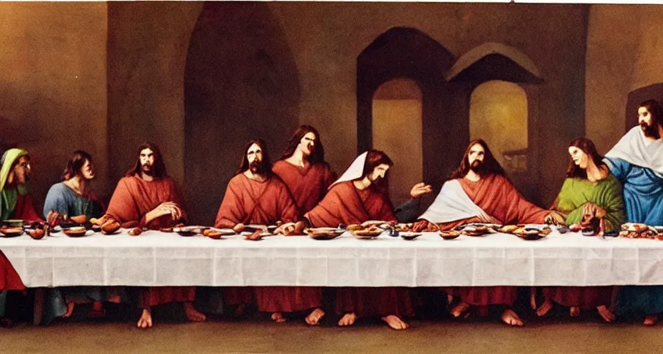 Prompt: 1 9 6 0 s women at the last supper, colorized