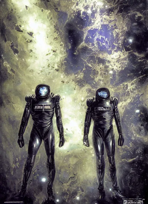 Image similar to astronauts in dark void underwater - complex and hyperdetailed technical suit. reflection and dispersion materials. rays and dispersion of light. volumetric light. f / 3 2. noise film photo. flash photography. ultra realistic, wide angle. poster by wayne barlowe, hajime sorayama aaron horkey, craig mullins