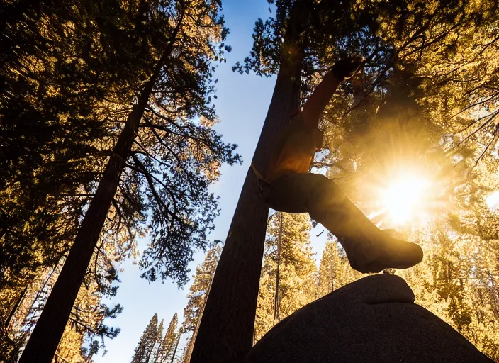 Image similar to a 2 8 mm macro wide angle photo of a man freeclimbing in yosemite national park, splash art, movie still, bokeh, canon 5 0 mm, cinematic lighting, dramatic, film, photography, golden hour, depth of field, award - winning, anamorphic lens flare, 8 k, hyper detailed, 3 5 mm film grain, hazy