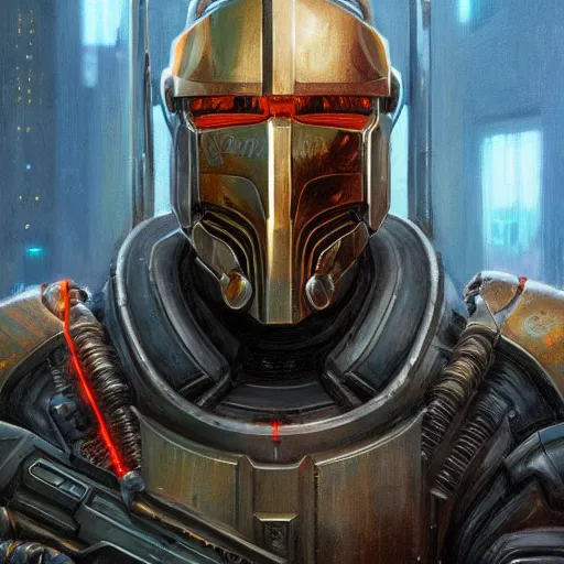 Image similar to the doomslayer as a scifi cyberpunk knight, closeup portrait art by donato giancola and greg rutkowski, realistic face, digital art, trending on artstation, skull helmet, symmetry!!!