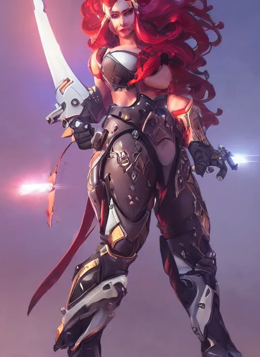 Image similar to beautiful new character for overwatch, full body armor, dual wielding swords, super powers, long red hair, intricate design, shiny, art by artgerm and greg rutkowski